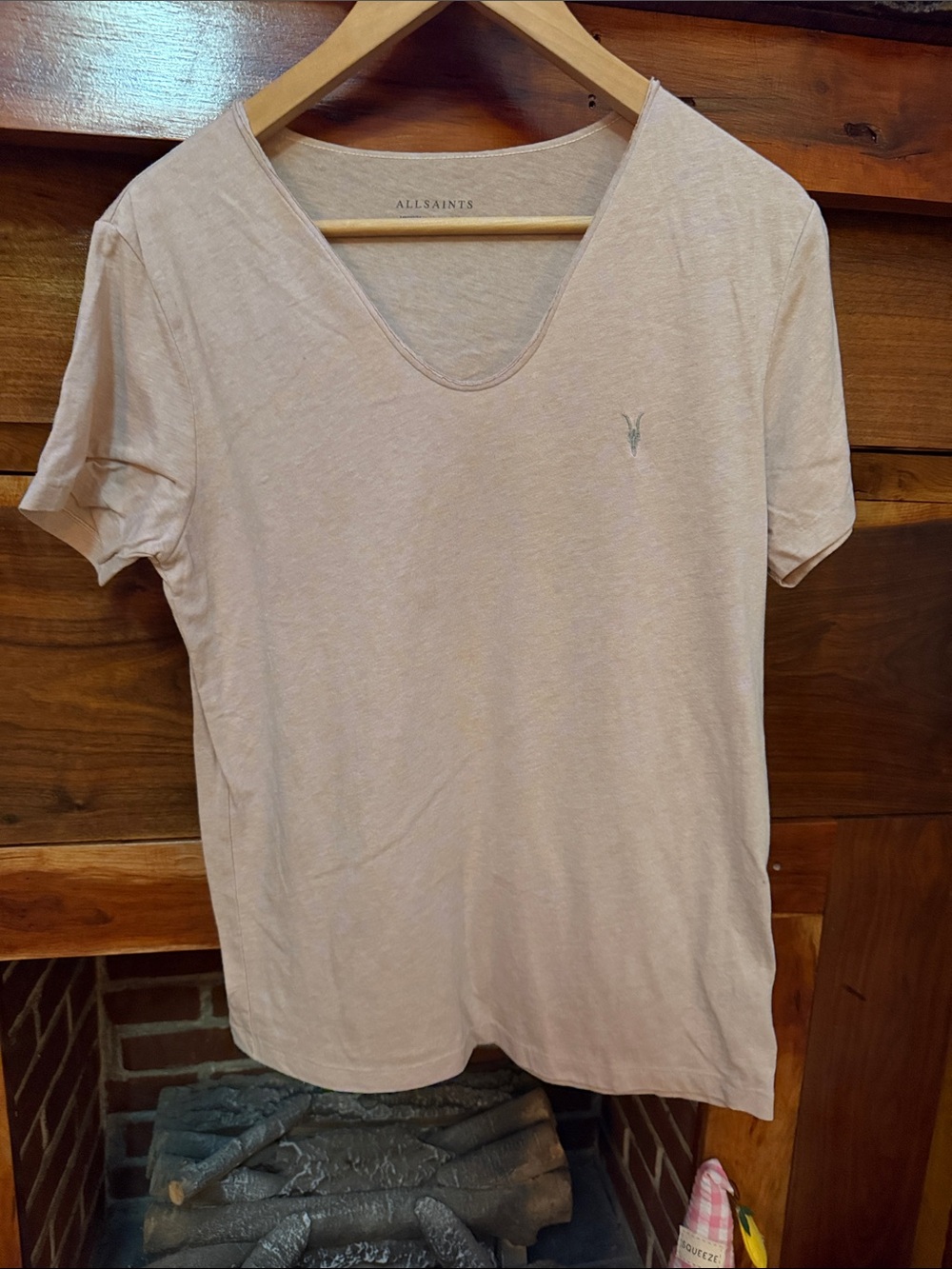 All Saints Men’s Light Pink V-Neck Tee, Size Medium